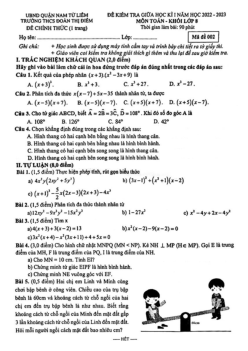 Đề giữa học kì 1 Toán 8 năm 2022 – 2023 trường THCS Đoàn Thị Điểm – Hà Nội