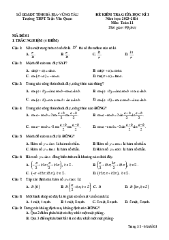Đề giữa kì 1 Toán 11 năm 2023 – 2024 trường THPT Trần Văn Quan – BR VT