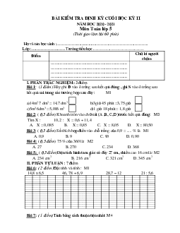 Đề thi Toán lớp 5 cuối học kì 2 năm 2021 Đề 2