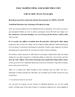 Trắc nghiệm Reading tiếng Anh lớp 10 Unit 8 New Ways To Learn | Global Success