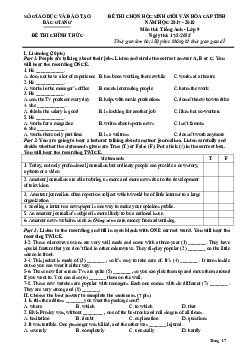 Đề thi chọn học sinh giỏi văn hóa cấp tỉnh năm học 2017-2018 môn thi Tiếng Anh lớp 9 tỉnh Bắc Giang