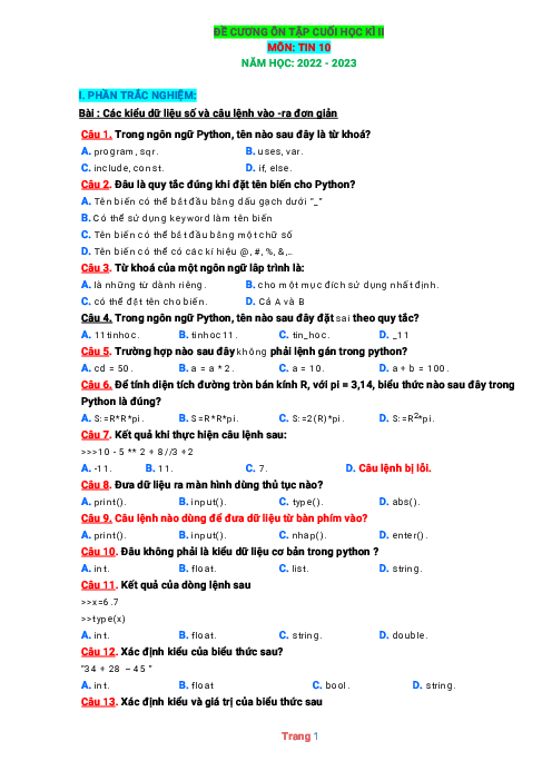 Đề cương ôn tập Tin 10 Cánh diều học kỳ 2 năm học 2022-2023