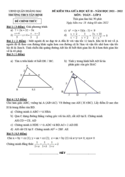 Đề kiểm tra giữa kì 2 Toán 8 năm 2021 – 2022 trường THCS Tân Định – Hà Nội
