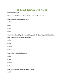 Bài tập cuối tuần lớp 3 môn Toán Kết nối tri thức - Tuần 12