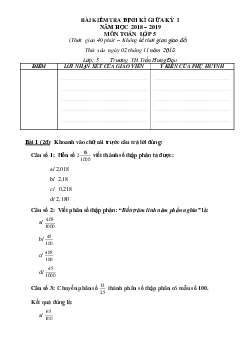 Đề thi giữa học kì 1 môn Toán lớp 5 trường Tiểu học Trần Hưng Đạo năm 2018 - 2019