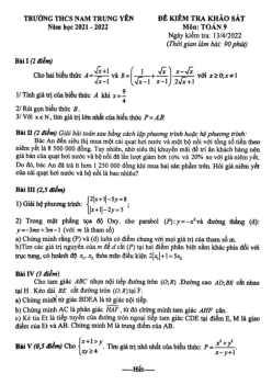 Đề khảo sát Toán 9 năm 2021 – 2022 trường THCS Nam Trung Yên – Hà Nội