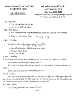 Đề giữa kỳ 1 Toán 9 năm 2022 – 2023 phòng GD&ĐT Hữu Lũng – Lạng Sơn