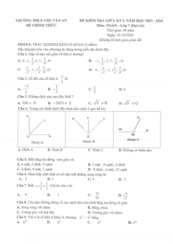Đề giữa học kỳ 1 Toán 7 năm 2023 – 2024 trường THCS Chu Văn An – Bình Dương