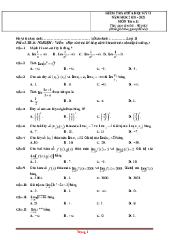 Đề thi môn Toán 11 giữa học kỳ 2 (có đáp án)