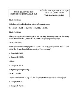 Đề thi học kì 1 lớp 9 môn Hóa học Phòng GD&ĐT quận Thủ Đức