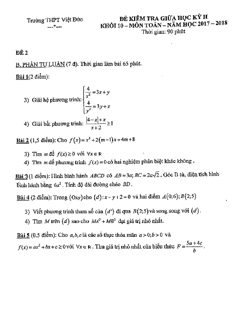 Đề kiểm tra giữa học kỳ 2 môn Toán 10 năm 2017 – 2018 trường THPT Việt Đức – Hà Nội