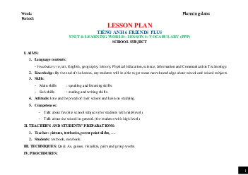 Giáo án Tiếng Anh 6 sách Friends Plus Unit 4
