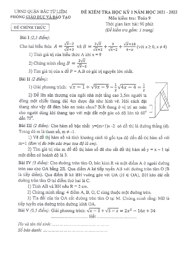 Đề thi HK1 Toán 9 năm 2021 – 2022 phòng GD&ĐT Bắc Từ Liêm – Hà Nội