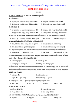 Đề Cương Ôn Tập Môn Sinh 9 Giữa Học Kì 1 Năm 2022-2023 (có lời giải)