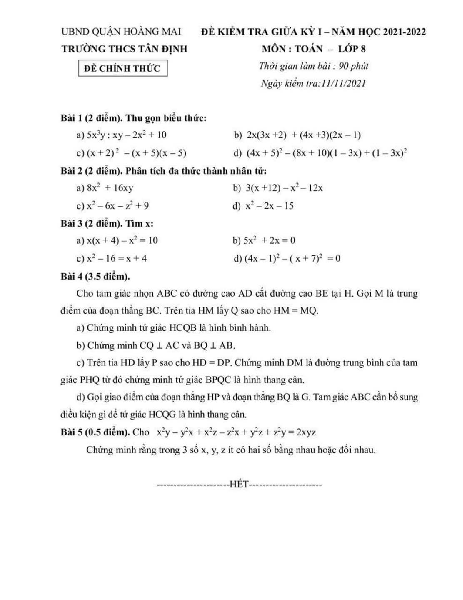 Đề thi giữa kỳ 1 Toán 8 năm 2021 – 2022 trường THCS Tân Định – Hà Nội