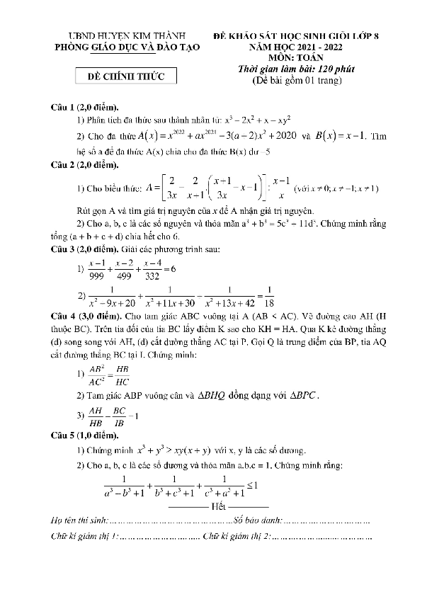 Đề học sinh giỏi Toán 8 năm 2021 – 2022 phòng GD&ĐT Kim Thành – Hải Dương