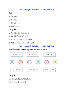 Giải SGK Toán lớp 3 trang 91, 92 Tính giá trị biểu thức số (tiếp theo) | Cánh Diều