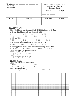 Đề thi giữa học kì 2 môn Toán lớp 5 năm 2016-2017 theo thông tư 22