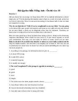 Bài tập đọc hiểu Tiếng Anh - Ôn thi vào 10