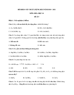 Đề thi khảo sát chất lượng đầu năm lớp 10 môn Hóa 2020 - 2021 - Đề 5