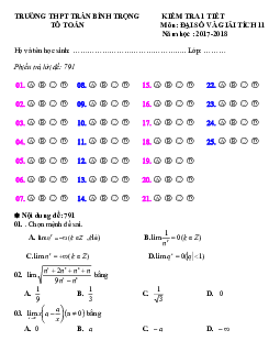 Đề kiểm tra 1 tiết ĐS và GT 11 chương 4 trường THPT Trần Bình Trọng – Khánh Hòa