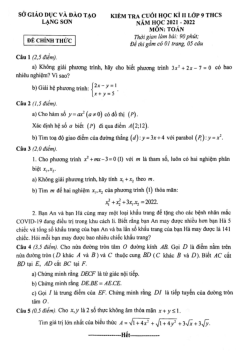 Đề kiểm tra cuối học kì 2 Toán 9 năm 2021 – 2022 sở GD&ĐT Lạng Sơn