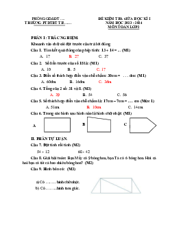 Đề thi giữa học kì 1 môn Toán 2 năm 2023 - 2024 sách Kết nối tri thức với cuộc sống | Đề 1