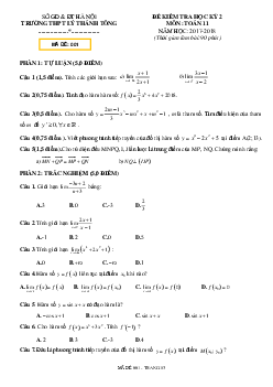 Đề thi học kỳ 2 Toán 11 năm 2017 – 2018 trường Lý Thánh Tông – Hà Nội