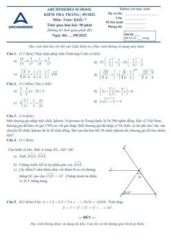 Đề kiểm tra Toán 7 tháng 9 năm 2022 hệ thống giáo dục Archimedes School – Hà Nội