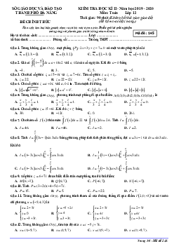 Đề thi học kì 2 môn Toán 12 năm học 2019 – 2020 sở GD&ĐT Đà Nẵng