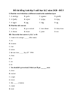 Đề thi tiếng Anh lớp 5 cuối học kì 2 năm 2020 - Đề 5
