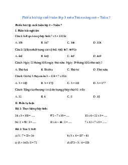 Phiếu bài tập cuối tuần lớp 3 môn Toán Chân trời sáng tạo - Tuần 7 (nâng cao)
