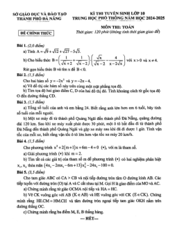 Đề tuyển sinh lớp 10 THPT môn Toán năm 2024 – 2025 sở GD&ĐT Đà Nẵng