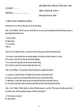Đề thi học kì 1 môn Giáo dục Kinh tế và Pháp luật 11 năm 2023 - 2024 sách Kết nối tri thức với cuộc sống