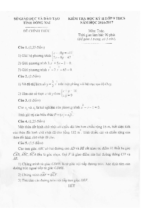 Đề thi HK2 Toán 9 năm học 2016 – 2017 sở GD và ĐT Đồng Nai