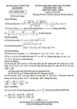 Đề học sinh giỏi cấp tỉnh Toán 9 năm 2023 – 2024 sở GD&ĐT Hải Dương