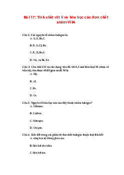 Trắc nghiệm Hóa 10 Bài 17: Tính chất vật lí và hóa học các đơn chất nhóm VIIA | Chân trời sáng tạo