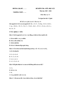 Đề thi giữa học kì 2 môn Hóa học lớp 10 năm 2023 - 2024 (Sách mới) | Chân Trời Sáng Tạo
