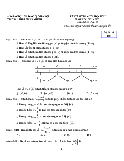 Đề thi giữa học kỳ 1 Toán 12 năm 2021 – 2022 trường THPT Nhân Chính – Hà Nội