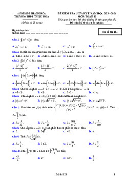 Đề giữa kỳ 2 Toán 12 năm 2023 – 2024 trường THPT Thiệu Hóa – Thanh Hóa 31/03/2024 Đề Thi Giữ