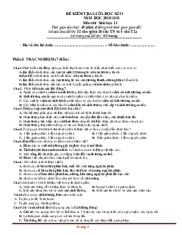 Đề kiểm tra giữa học kỳ II năm học 2020-2021 môn thi sinh học 11 (có lời giải)