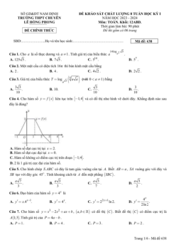 Đề KSCL 8 tuần HK1 Toán 12 năm 2023 – 2024 THPT chuyên Lê Hồng Phong – Nam Định