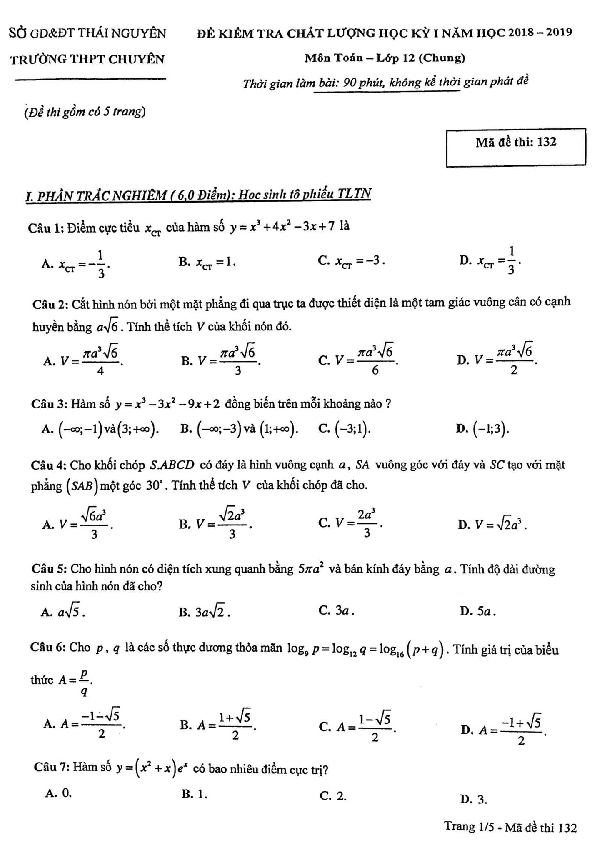 Đề kiểm tra chất lượng học kỳ 1 Toán 12 năm 2018 – 2019 trường chuyên Thái Nguyên