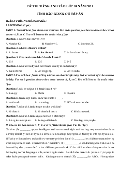 Đề thi thử vào 10 môn tiếng Anh Bắc Giang năm 2023-2024