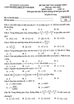 Đề thi thử THPT Quốc gia 2022 môn Toán cụm trường THPT TP Nam Định