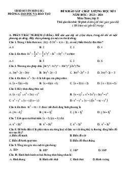 Đề học kì 1 Toán 8 năm 2023 – 2024 phòng GD&ĐT Hưng Hà – Thái Bình
