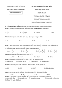 Đề kiểm tra giữa học kì 2 Toán 7 năm 2021 – 2022 trường THCS Cổ Nhuế 2 – Hà Nội