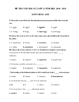 Đề thi học kì 2 lớp 12 môn Tiếng Anh năm học 2018 - 2019 số 5