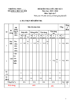 Đề thi giữa học kì 1 môn Ngữ văn lớp 7 năm 2023 - 2024 KNTT - Đề 1