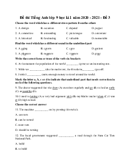 Đề thi Tiếng Anh lớp 9 học kì 1 năm 2020 - 2021 - Đề 3